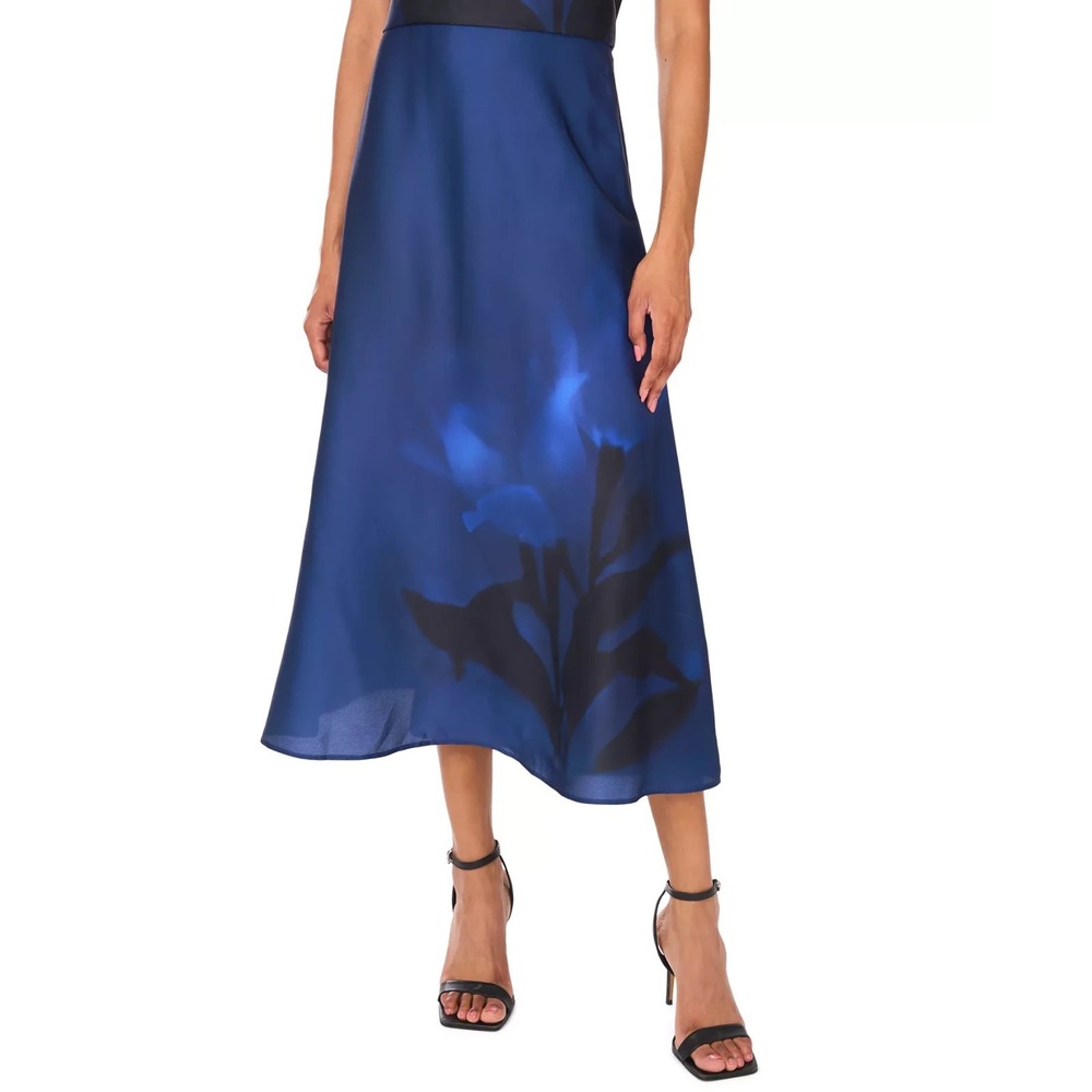 Vince Camuto Womens Placement-Print Pull-On Midi skirt Navy Size L Elastic Waist